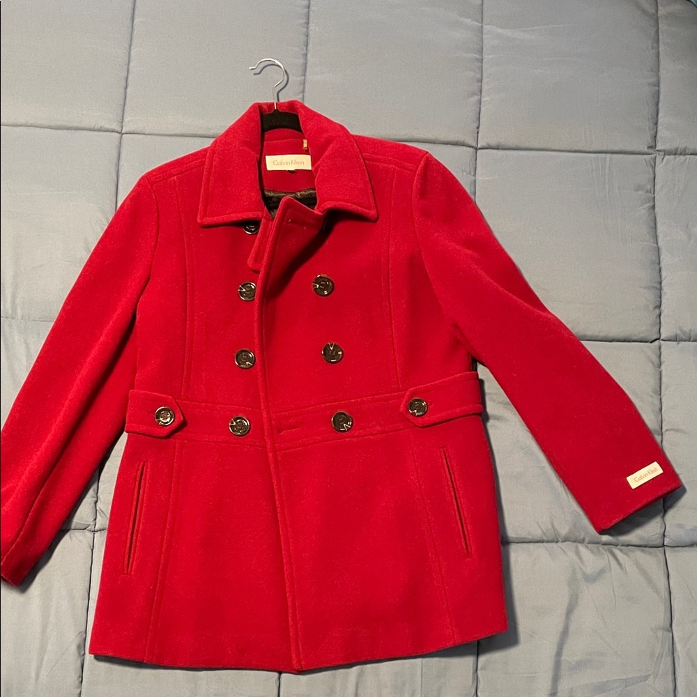 Calvin Klein Vibrant Red Double-Breasted Peacoat